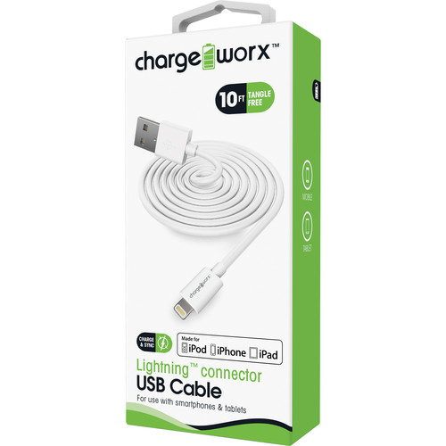 Chargeworx CHA-CX4601WH  SYNC & CHARGE CABLE LIGHTNING 3M/10FT WHITE