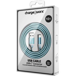 Chargeworx CHA-CX1151LB  10-FT USB-C CABLE LIGHT BLUE