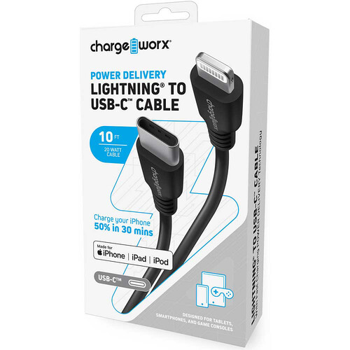 Chargeworx CHA-CX4630BK  PD  10-FT LIGHTNING-TO-C CABLE BLACK