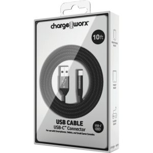 Chargeworx CHA-CX4881BK  10-FT USB-C TO A CABLE CLEAR BOX PKG BLK