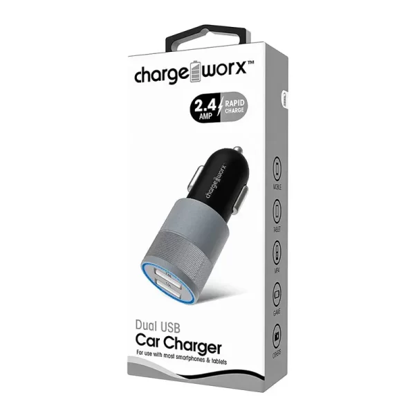 Chargeworx CHA-CX3049BKSL  Car-Charger Dual-USB 2.4A Lighted Black/Silver