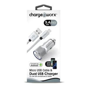 Chargeworx CHA-CX3044SL  Combo Car-Charger 3.4 AMP 3-FT Micro-USB Hammer BLK