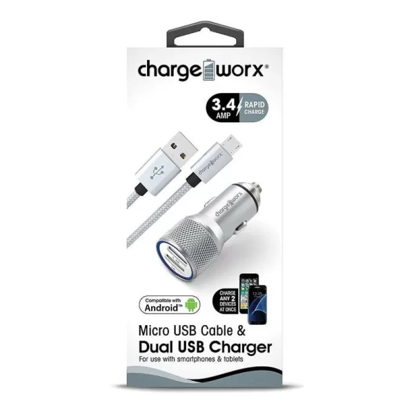 Chargeworx CHA-CX3044SL  Combo Car-Charger 3.4 AMP 3-FT Micro-USB Hammer BLK