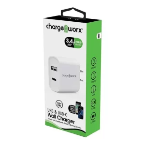 Chargeworx CHA-CX2605WH  DUAL USB WALL CHARGER WH ONE A & ONE C PORT 2 4A