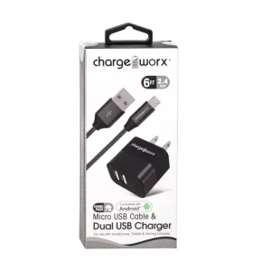 Chargeworx CHA-CX3216BK  6 FT MICRO CABLE AND 2 4 AMP DUAL USB WALL