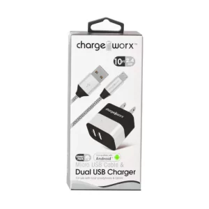 Chargeworx CHA-CX3217SL  10 FT MICRO CABLE AND 2.4 DUAL USB WALL CHARGER