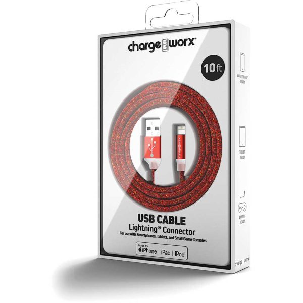Chargeworx CHA-CX1041RD  10-FT LIGHTNING CABLE RED