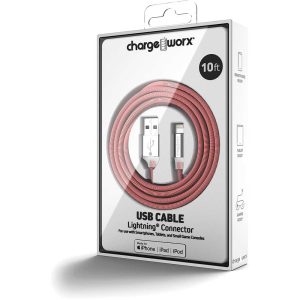 Chargeworx CHA-CX1051RDWH  10-FT LIGHTNING CABLE RED/WHITE