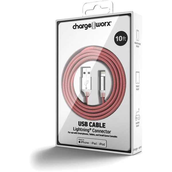 Chargeworx CHA-CX1051RDWH  10-FT LIGHTNING CABLE RED/WHITE