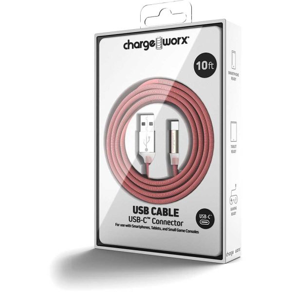 Chargeworx CHA-CX1091RDWH  10-FT USB-C CABLE RED/WHITE
