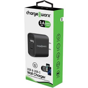 Chargeworx CHA-CX2605BK  DUAL USB WALL CHARGER BK ONE A & ONE C PORT 2 4A