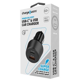 Chargeworx CHA-CX3023BK FAST CHARGER ( 65W  ) PD Car-Charger 65W  Black USB-A + USB-C  for Apple