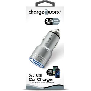 Chargeworx CHA-CX3041SL  Car-Charger Dual-USB 2.4A METAL HAMMER SILVER