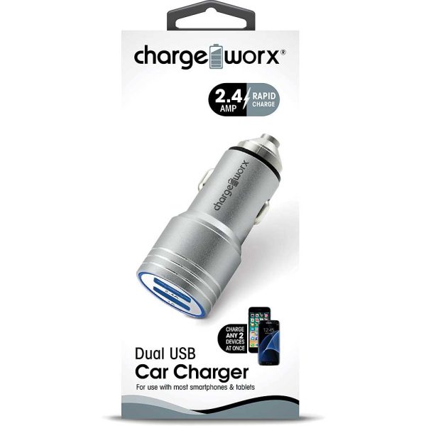 Chargeworx CHA-CX3041SL  Car-Charger Dual-USB 2.4A METAL HAMMER SILVER