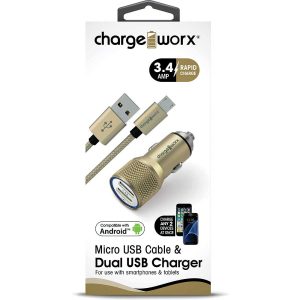 Chargeworx CHA-CX3044GD  Combo Car-Charger 3.4 AMP 3-FT Micro-USB Hammer BLK
