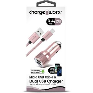 Chargeworx CHA-CX3044RG  Combo Car-Charger 3.4 AMP 3-FT Micro-USB Hammer BLK