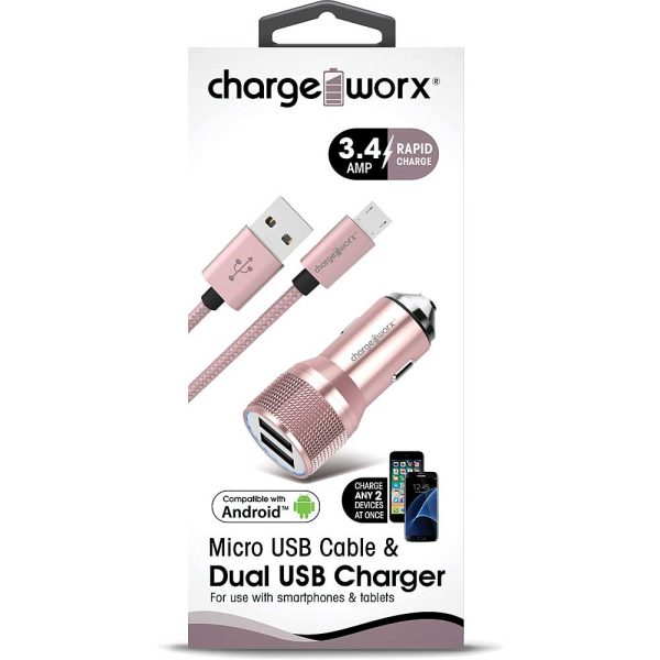 Chargeworx CHA-CX3044RG  Combo Car-Charger 3.4 AMP 3-FT Micro-USB Hammer BLK