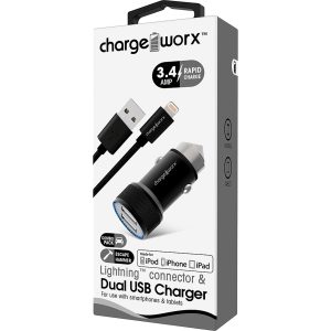 Chargeworx CHA-CX3045BK IPHONE  Combo Car-Charger 3.4 AMP 3-FT Lightning Hammer BLK