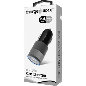 Chargeworx CHA-CX3049BKGR  Car-Charger Dual-USB 2.4A Lighted Black/Gray