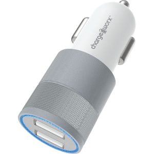 Chargeworx CHA-CX3049WHSL  Car-Charger Dual-USB 2.4A Lighted White/Silver