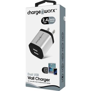 Chargeworx CHA-CX3050SL  Wall-Charger Dual-USB 2.4 2 4-AMP Metal Silver