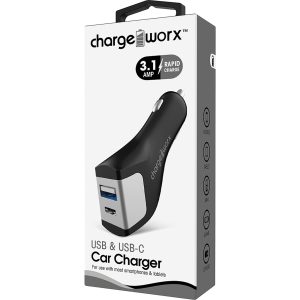 Chargeworx CHA-CX3051BK C-TYPE  Car-Charger USB-C & USB-A 3 1-AMP 2-USB-Port  Black