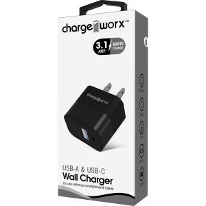 Chargeworx CHA-CX3054BK C-TYPE  Wall-Charger USB-C &USB-A 3 1-AMP 2-USB-Port  Black