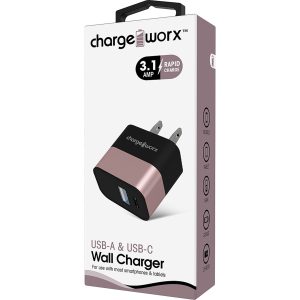 Chargeworx CHA-CX3054RG C-TYPE  Wall-Charger USB-C &USB-A 3 1-AMP 2-Port  Rose-Gold