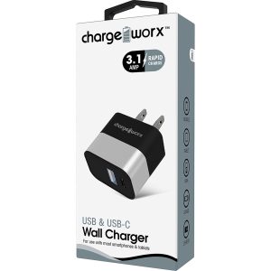 Chargeworx CHA-CX3054SL C-TYPE  Wall-Charger USB-C &USB-A 3 1-AMP 2-USB-Port Silver