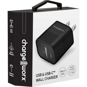 Chargeworx CHA-CX3082BK C-TYPE  3.1A USB A AND C WALL CHA TRAVEL SERIES