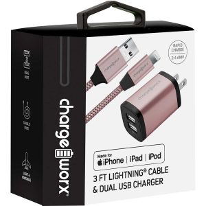 Chargeworx CHA-CX3083RG IPHONE  2.4A DUALUSB WALL CHARGER WITH DURABRAID LIGHTNING