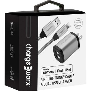 Chargeworx CHA-CX3083SL IPHONE  2.4A DUALUSB WALL CHARGER WITH DURABRAID LIGHTNING