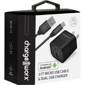Chargeworx CHA-CX3084BK  2.4A DUALUSB WALL CHARGER WITH DURABRAID MIRCO