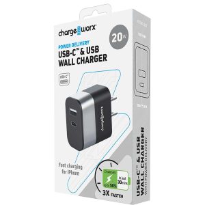 Chargeworx CHA-CX3098SL   FAST CAHRGER ( C-TYPE )  DUAL PORT PD WALL CHARGER 20W (A+C) METAL DESIGN