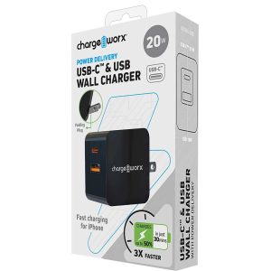 Chargeworx CHA-CX3099BK   FAST CAHRGER ( C-TYPE )  DUAL PORT PD WALL CHARGER 20W (A+C) PLASTIC DESIGN