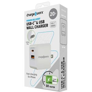 Chargeworx CHA-CX3099WH   FAST CAHRGER ( C-TYPE )  DUAL PORT PD WALL CHARGER 20W (A+C) PLASTIC DESIGN