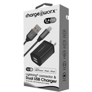 Chargeworx CHA-CX3203BK  DUAL USB WALL CHARGER BLK 2 4A METAL INCL LIGHTNING