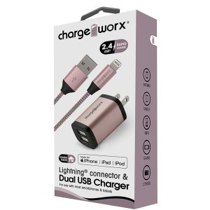 Chargeworx CHA-CX3203RG  DUAL USB WALL CHARGER ROS 2 4A METAL INCL LIGHTNING