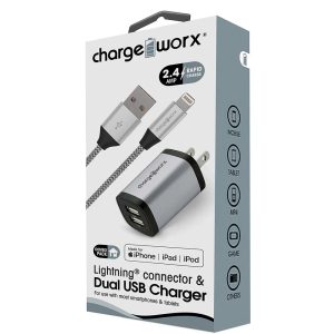Chargeworx CHA-CX3203SL  DUAL USB WALL CHARGER SLV 2 4A METAL INCL LIGHTNING