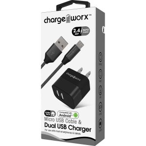 Chargeworx CHA-CX3206BK  DUAL USB WALL CHARGER BLK 2 4A METAL INCL M-USB CAB