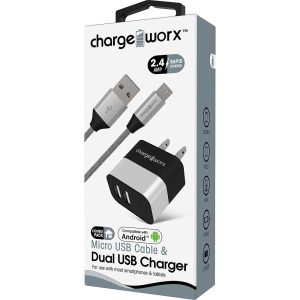 Chargeworx CHA-CX3206SL  DUAL USB WALL CHARGER SLV 2 4A METAL INCL M-USB CAB