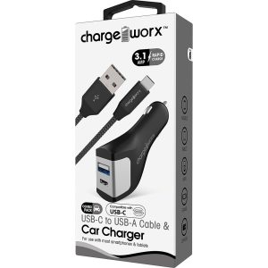 Chargeworx CHA-CX3209BK C- TYPE  CAR CHARGER WITH TYPE C CABLE