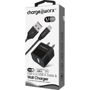 Chargeworx CHA-CX3210BK C- TYPE  WALL CHARGER WITH TYPE C CABLE