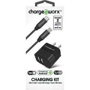 Chargeworx CHA-CX3211BK  USB/USB C WALL CHARGER WITH MICRO AND C CABLES
