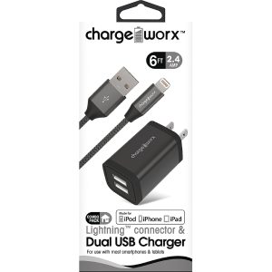 Chargeworx CHA-CX3214BK  6 FT LIGHTNING CABLE AND 2 4 DUAL USB WALL
