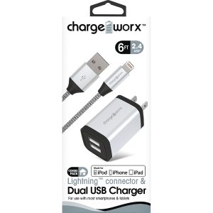 Chargeworx CHA-CX3214SL  6 FT LIGHTNING CABLE AND 2 4 DUAL USB WALL