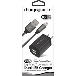 Chargeworx CHA-CX3215BK  10 FT LIGHTNING CABLE AND 2 4 AMP DUAL USB