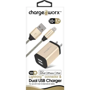 Chargeworx CHA-CX3215GD  10 FT LIGHTNING CABLE AND 2 4 AMP DUAL USB