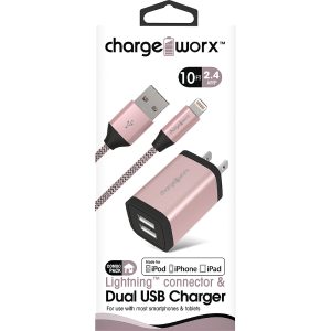 Chargeworx CHA-CX3215RG  10 FT LIGHTNING CABLE AND 2 4 AMP DUAL USB