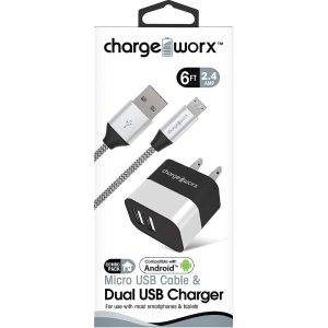 Chargeworx CHA-CX3216SL  6 FT MICRO CABLE AND 2 4 AMP DUAL USB WALL